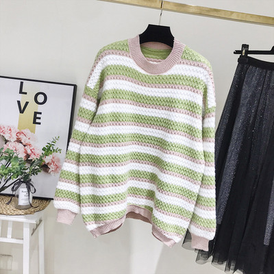 Pulover de dama in dungi model nou cu decolteu rotund in portocaliu si verde