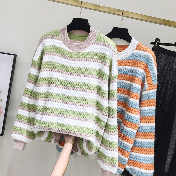 Pulover de dama in dungi model nou cu decolteu rotund in portocaliu si verde