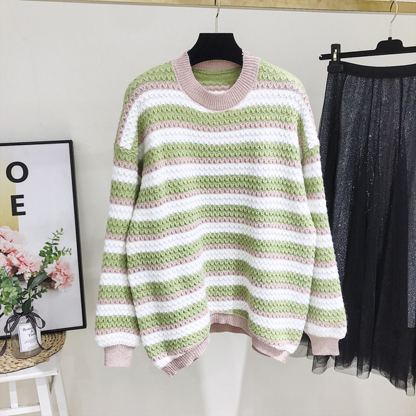 Pulover de dama in dungi model nou cu decolteu rotund in portocaliu si verde