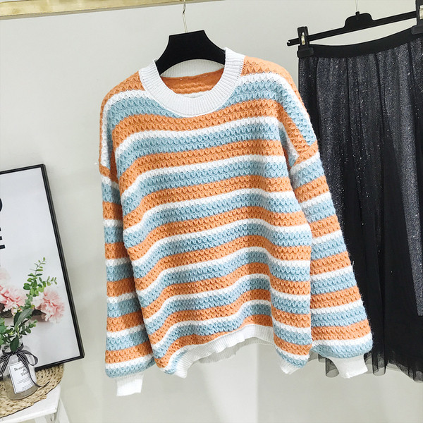 Pulover de dama in dungi model nou cu decolteu rotund in portocaliu si verde