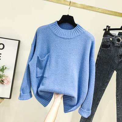 Pulover casual de dama cu guler polo si buzunar in albastru, verde si gri