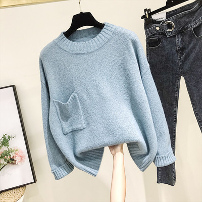 Pulover casual de dama cu guler polo si buzunar in albastru, verde si gri