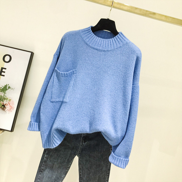 Pulover casual de dama cu guler polo si buzunar in albastru, verde si gri