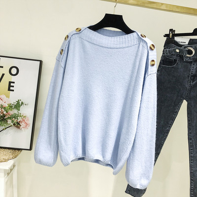 Pulover de dama modern cu nasturi pe umeri in culorile verde, albastru si roz