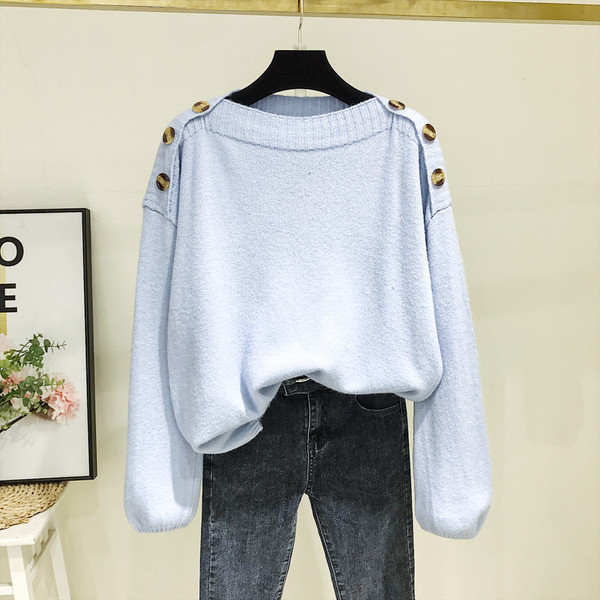 Pulover de dama modern cu nasturi pe umeri in culorile verde, albastru si roz