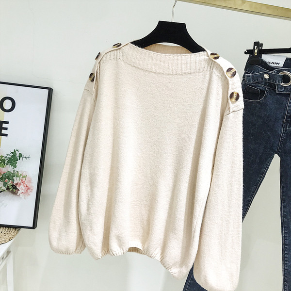 Pulover de dama modern cu nasturi pe umeri in culorile verde, albastru si roz