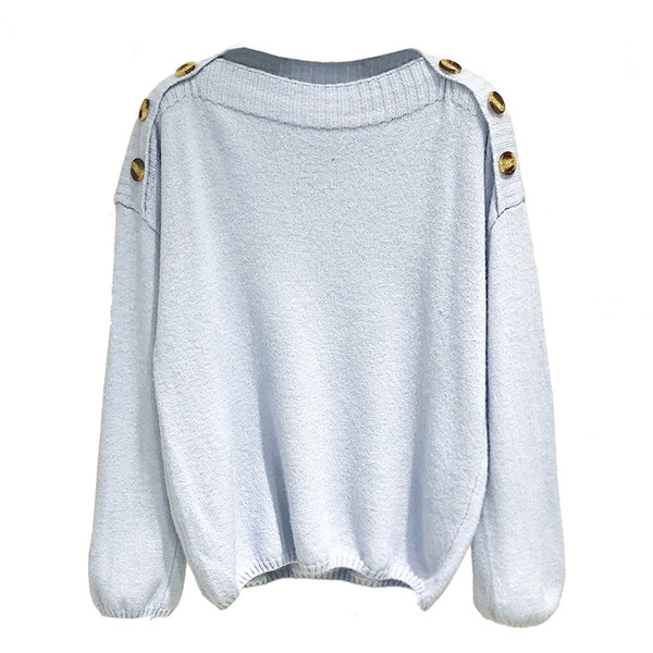 Pulover de dama modern cu nasturi pe umeri in culorile verde, albastru si roz