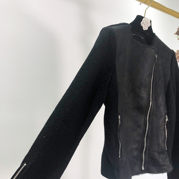 Jachetă scurtă de primăvară-toamnă cu căptușeală moale cu fermoare de culoare neagră