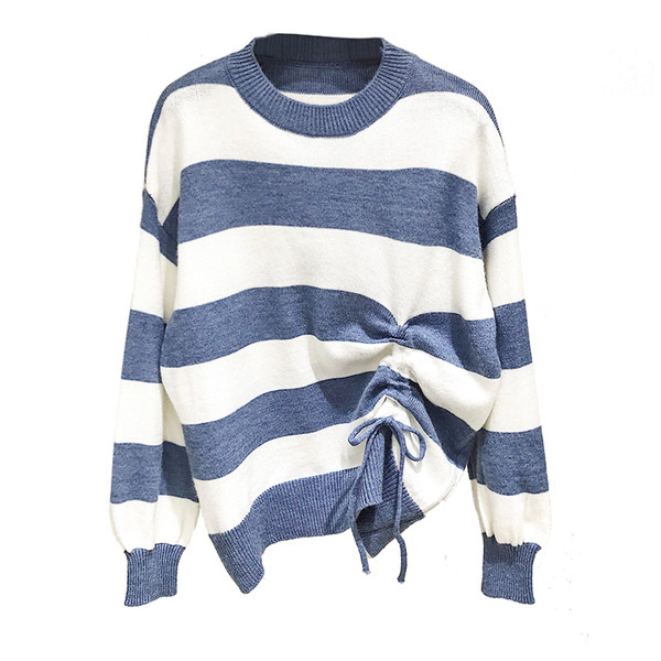 Pulover de damă modern în dungi cu decolteu rotund în albastru, galben, verde și portocaliu