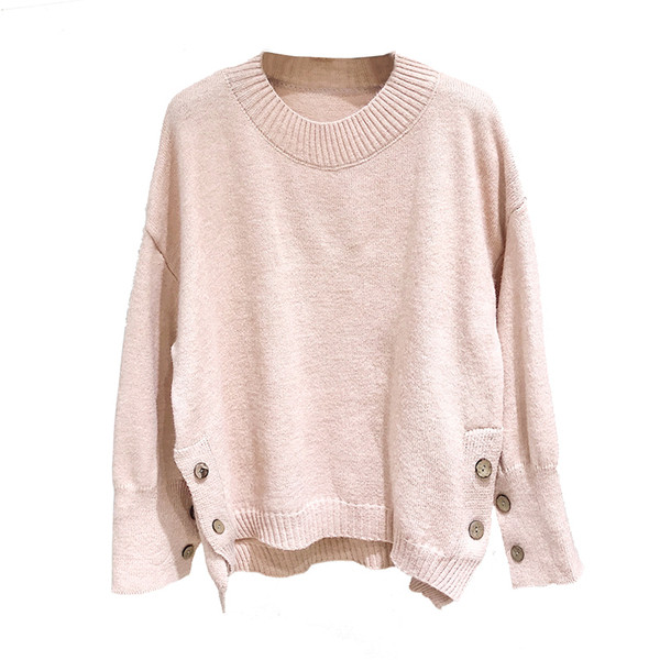 Modern női pulóver rózsaszín, kék és szürke gombokkal