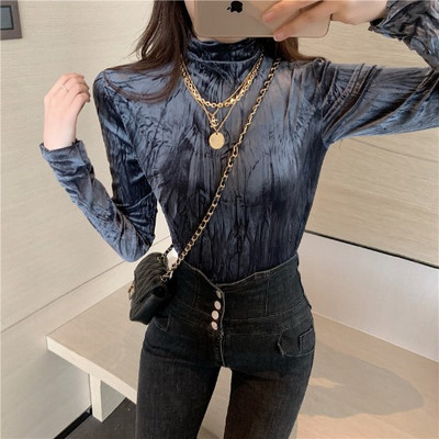 Γυναικεία βελούδο μπλούζα με κολάρο σε τρία χρώματα