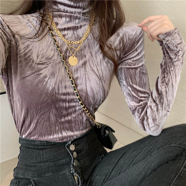 Γυναικεία βελούδο μπλούζα με κολάρο σε τρία χρώματα