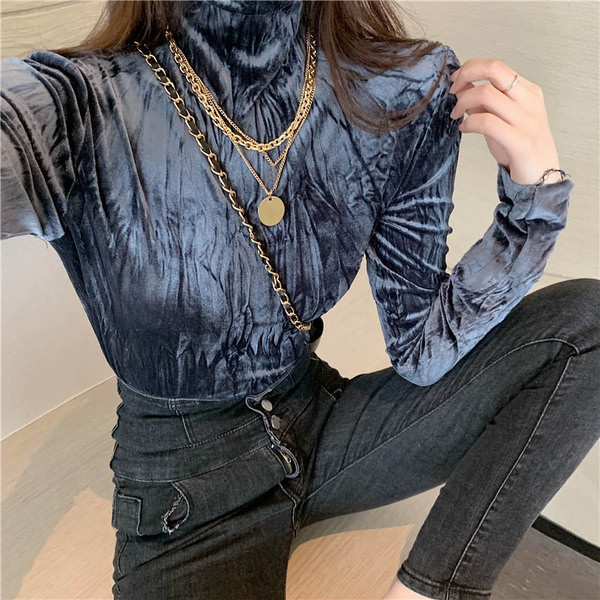 Γυναικεία βελούδο μπλούζα με κολάρο σε τρία χρώματα