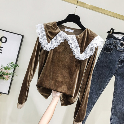 Bluza de dama model nou din catifea cu dantela in maro si negru