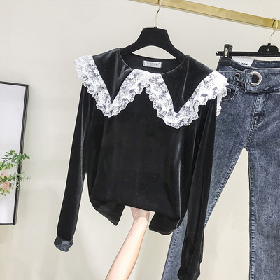 Bluza de dama model nou din catifea cu dantela in maro si negru