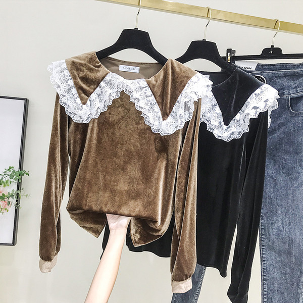 Bluza de dama model nou din catifea cu dantela in maro si negru