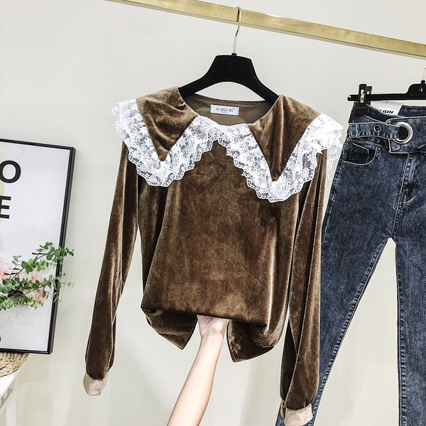 Bluza de dama model nou din catifea cu dantela in maro si negru