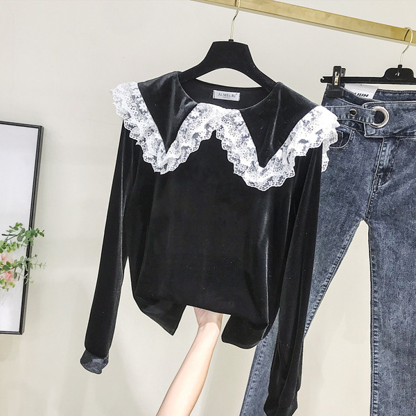 Bluza de dama model nou din catifea cu dantela in maro si negru