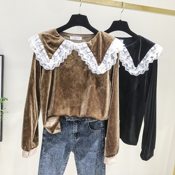 Bluza de dama model nou din catifea cu dantela in maro si negru