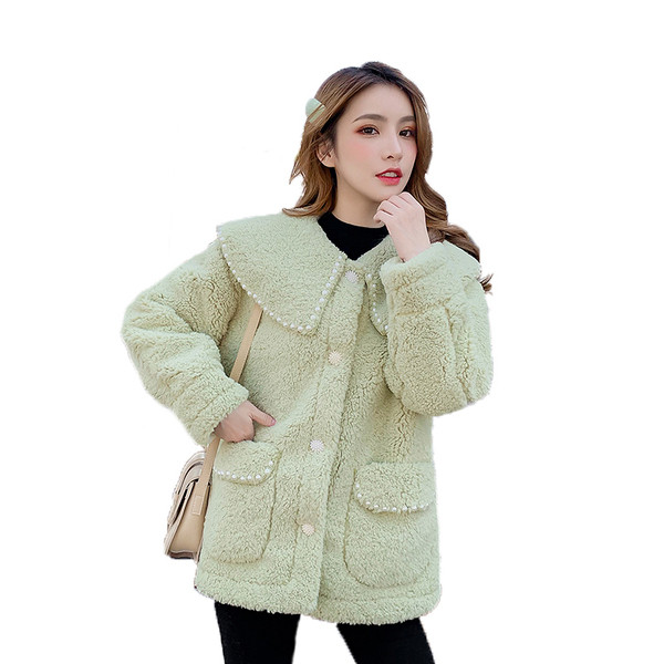 Palton modern de dama cu perle si buzunare in verde si alb