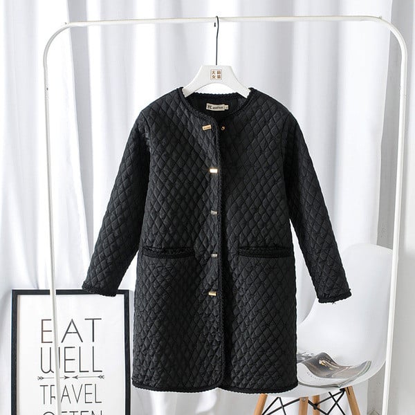 Модерно дамско дълго палто с копчета и дълъг ръкав в черен и бежов цвят 