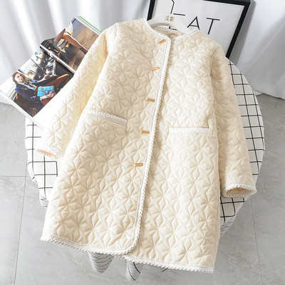 Модерно дамско дълго палто с копчета и джобове в бежов и син цвят