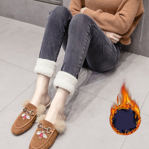 Модерни дамски дънки с мека подплата и висока талия в син и сив цвят