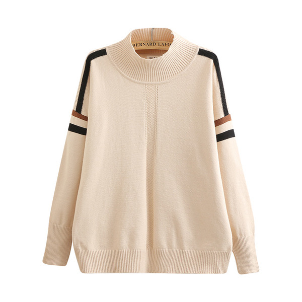 Casual γυναικείο πουλόβερ  με υψηλό κολάρο και μακρύ μανίκι σε μπεζ και μαύρο χρώμα