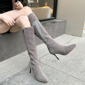 Cizme de dama elegante cu toc subtire in negru si gri