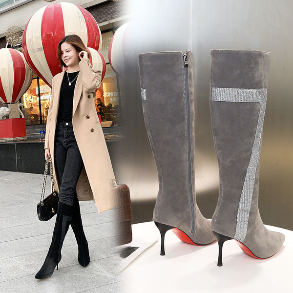 Cizme de dama elegante cu toc subtire in negru si gri