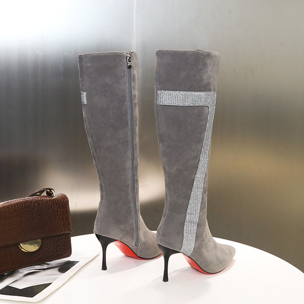Cizme de dama elegante cu toc subtire in negru si gri