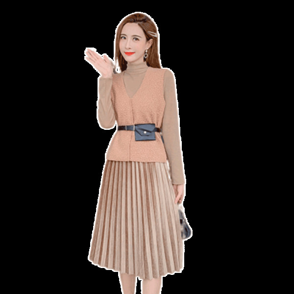 Set de dama modern de rochie din doua piese cu fusta plisata si vesta cu centura in maro si negru