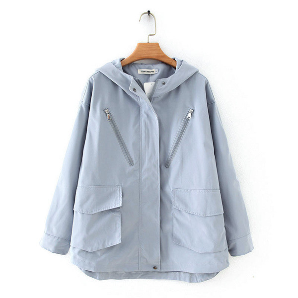 Casual μακρύ χειμωνιάτικο μπουφάν με κουκούλα και τσέπες σε μπλε και μαύρο χρώμα