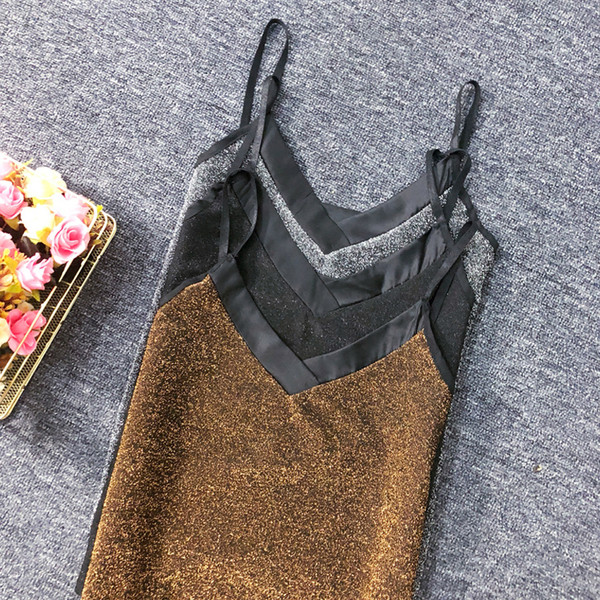 Maieu modern de damă cu bretele subțiri în auriu, argintiu și negru