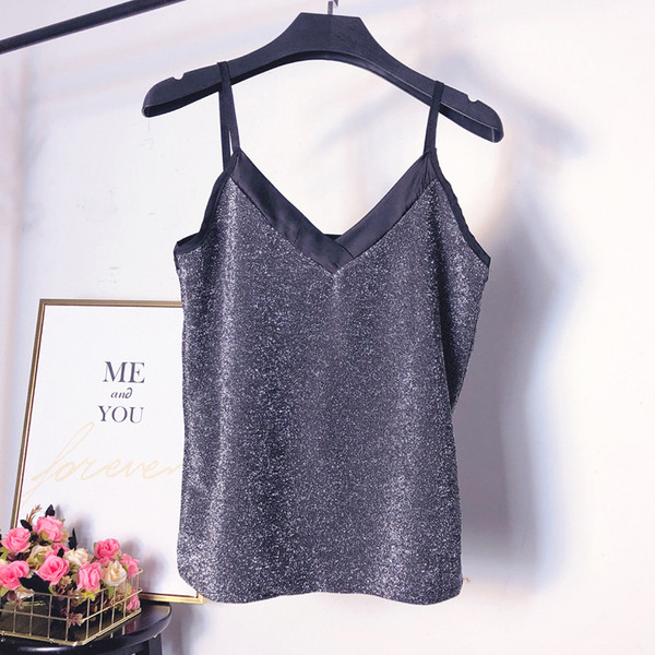 Maieu modern de damă cu bretele subțiri în auriu, argintiu și negru