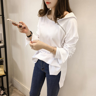 Bluză de damă modernă cu fermoar și glugă în alb-negru