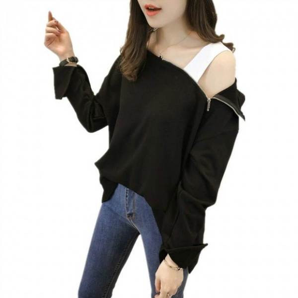 Bluză de damă modernă cu fermoar și glugă în alb-negru