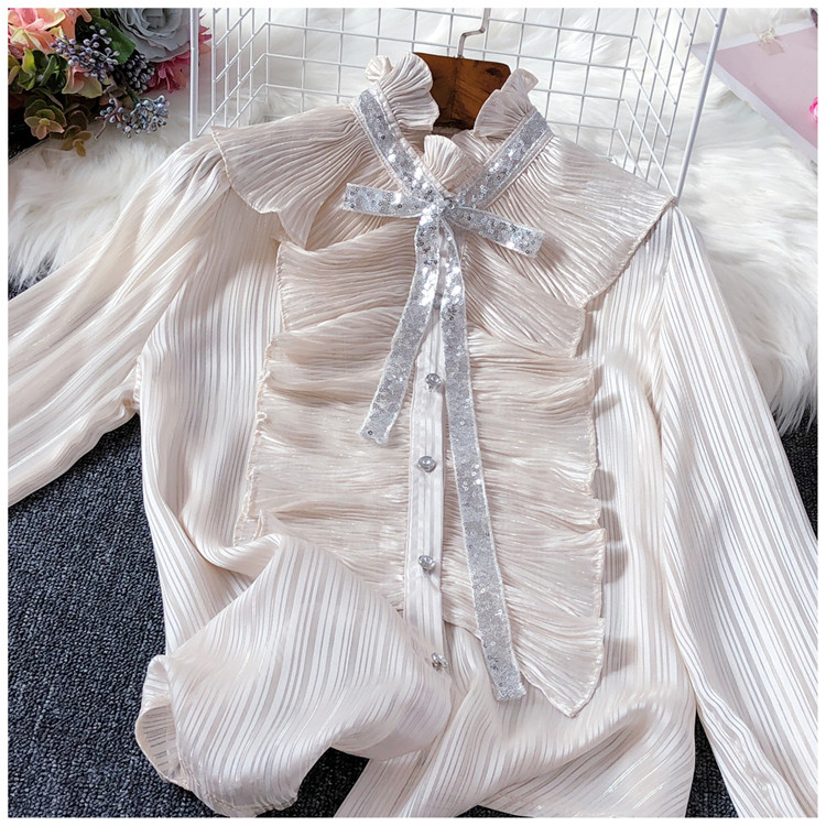 Új modell női ing pólógallérral és flitterekkel fehér és bézs színben