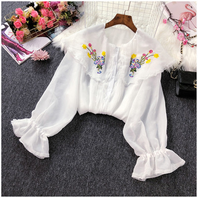 Cămașă modernă de damă cu broderie și mâneci lotus în două culori