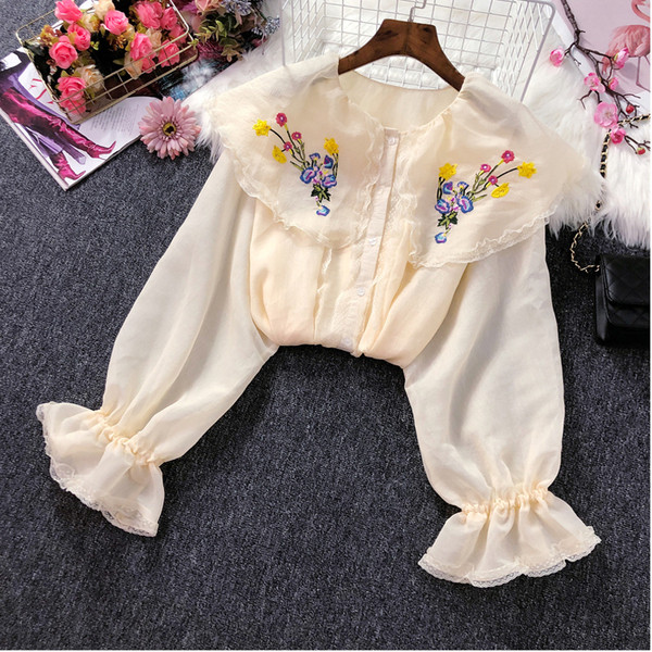 Cămașă modernă de damă cu broderie și mâneci lotus în două culori