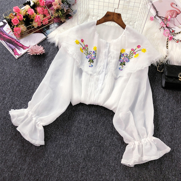 Cămașă modernă de damă cu broderie și mâneci lotus în două culori