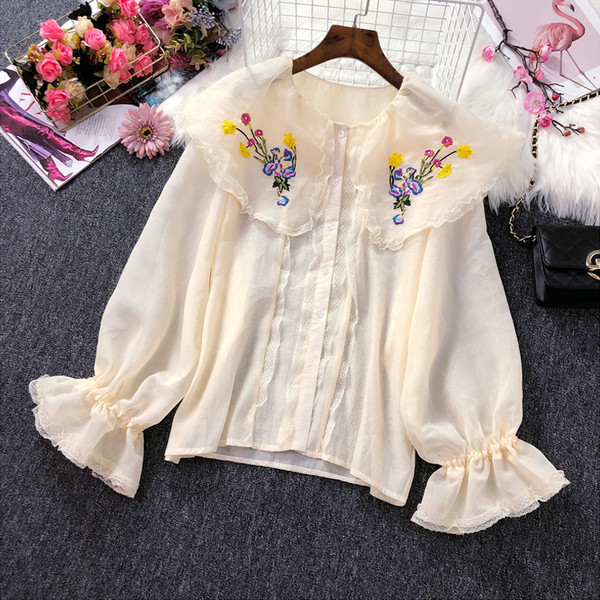 Cămașă modernă de damă cu broderie și mâneci lotus în două culori