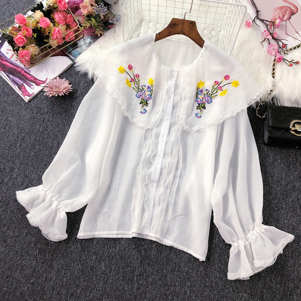 Cămașă modernă de damă cu broderie și mâneci lotus în două culori