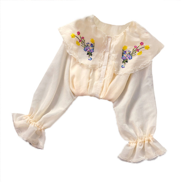 Cămașă modernă de damă cu broderie și mâneci lotus în două culori