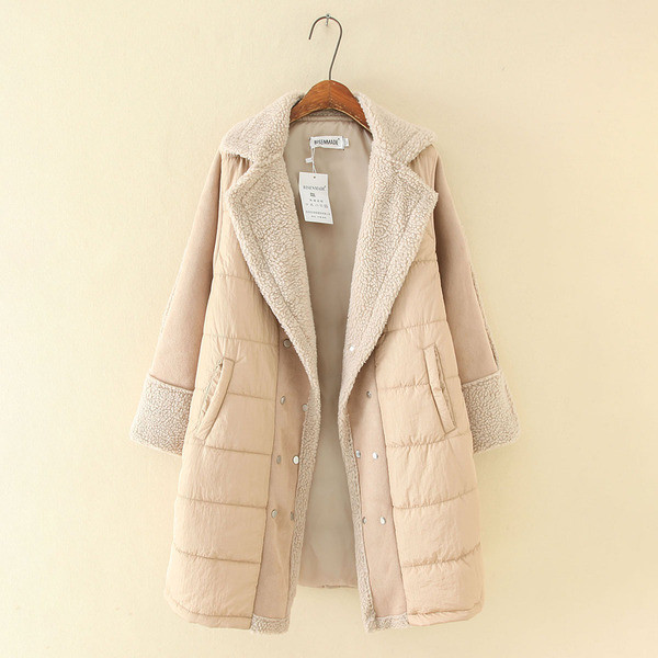 Jachetă lungă de iarnă modernă de damă, cu căptușeală moale și buzunare în bej și negru