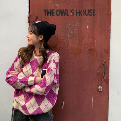 Πλεκτό γυναικείο πουλόβερ σε πράσινο, πορτοκαλί και πορφυρό χρώμα