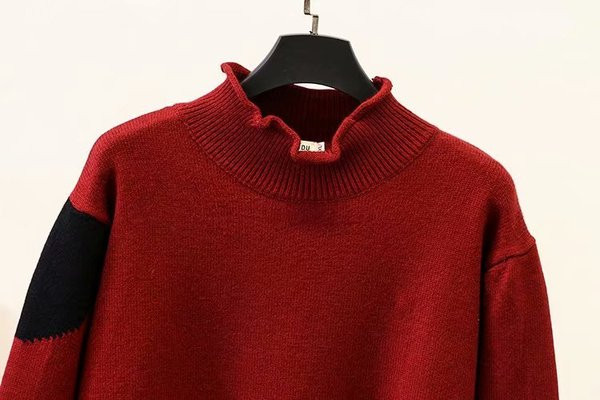 Pulover de damă casual cu guler înalt și mâneci lungi în verde și roșu