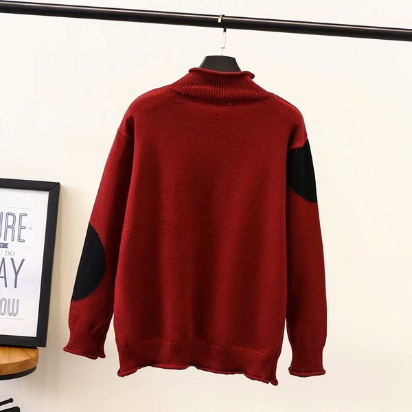 Pulover de damă casual cu guler înalt și mâneci lungi în verde și roșu