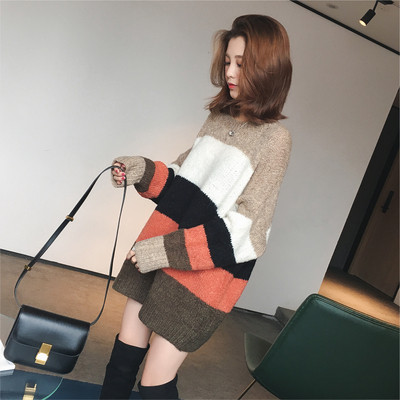 Γυναικείο χειμερινό ριγέ πουλόβερ μακρύ μοντέλο