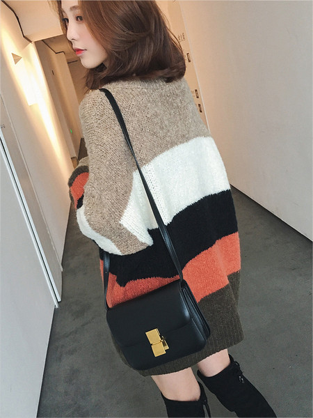 Γυναικείο χειμερινό ριγέ πουλόβερ μακρύ μοντέλο